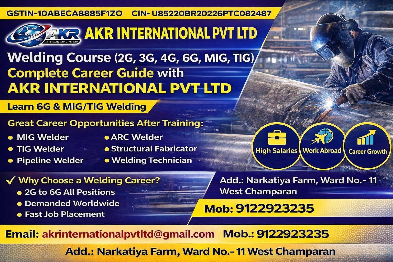 Read more about the article Welding Course (2G, 3G, 4G, 6G, MIG, TIG) – Complete Career Guide with AKR International Pvt Ltd